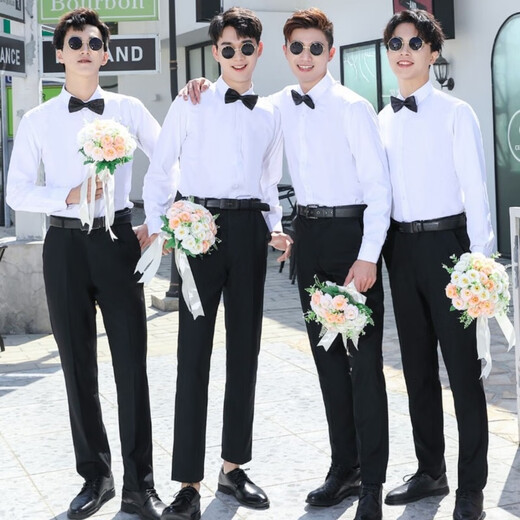 Ning Xinyan best man dress white shirt brother group clothes wedding suit dress men's suit vest strap summer shirt clothing long sleeve shirt + bow tie (SJ) L