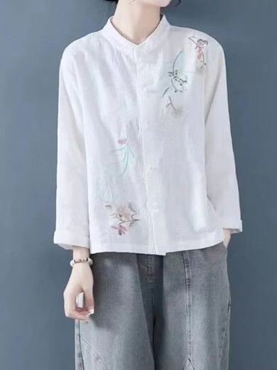 温莱蔓莎小个子女士棉麻衬衫女春秋长袖亚麻上衣中式盘扣茶服刺绣薄款衬衣 蓝色 [少量现货] L 建议901105斤