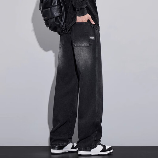 MiiOW 2025 Autumn and Winter Jeans Men's New Wide Leg Loose Straight Plus Velvet Thickened Warm Long Pants Trendy Brand Black-Fleet 3XL