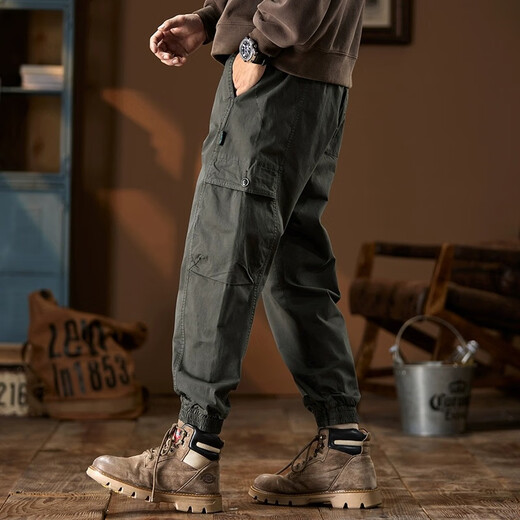 JEEP SPIRIT Jeep Heavy Working Pants Men's 2024 New American Loose Foot Casual Spring and Summer Harun Long Pants FJ1662~Grey Army Regular 30 [Recommended 135-150Jin [Jin equals 0.5 kg]]