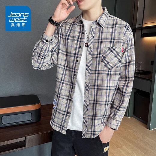 真维斯（Jeanswest）格子衬衫男款春秋季2025新款潮牌美式长袖衬衣男士上衣加绒外套男 米蓝格 2XL