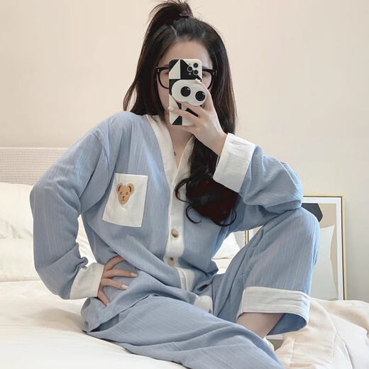 Yalu pajamas for women in spring and autumn cotton long sleeves simple ladies loose summer high-end home clothing set autumn and winter new style 3884 2XL [135 160Jin [Jin equals 0.5 kg]]