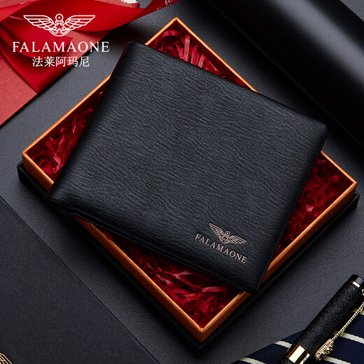 Falamaone Men's Wallet Short Great Le cuir jeune portefeuille Men de tête Men de tête Cowhide Multi-carte Multi-fonction portefeuille Black QB204-1 (Boîte-cadeau exquise)