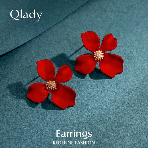 Qlady flower red earrings female temperament high-end niche unique earrings for women 2025 new light luxury silver needle earrings for women
