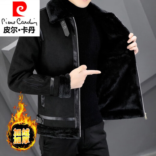 Pierre Cardin woolen jacket men's jacket 2025 winter new velvet thickened short youth fur one-piece men's jacket black 3XL