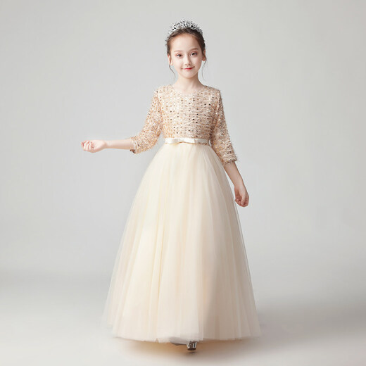 Xiaokayinong girls dress princess dress flower girl wedding little girl host evening dress piano performance suit long sleeve spring and summer champagne color long 361-D2160cm