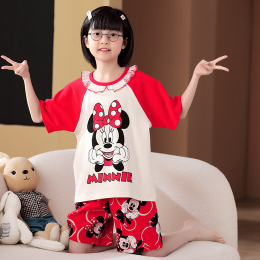 曼妮朵夏季儿童库洛米睡衣薄款卡通套装小女孩纯棉短袖女大童家居服全棉 M6636女【双短】 130cm 14码建议125-135cm