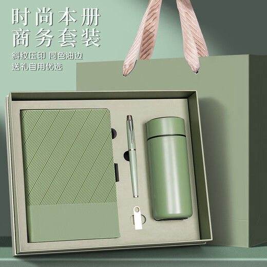 SSBA 笔记本本子礼盒定制可印logo会议记录本带U盘保温杯企业礼品伴手礼商务记事本套装 256-抹茶绿【100张】8号金盒+礼袋+烤漆金笔
