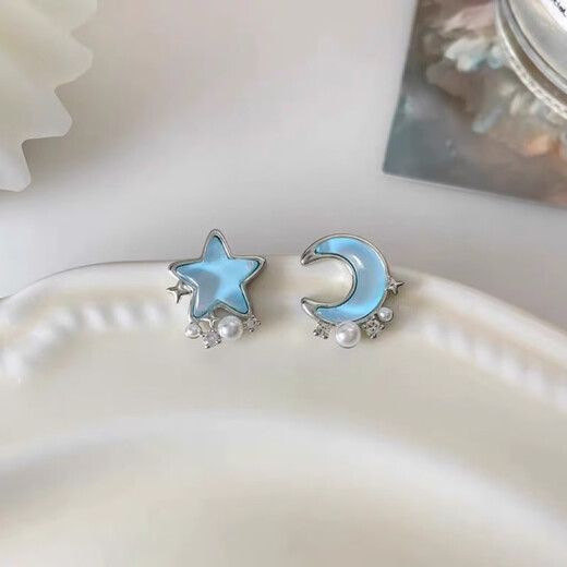 Oein Yue Luoxing Shen Ear Clips without Ear Piercing Women's High-end Feeling Star Moon Asymmetrical Mosquito Repellent Disk Student Party Earrings Yue Luo Xing Shen Earring Style