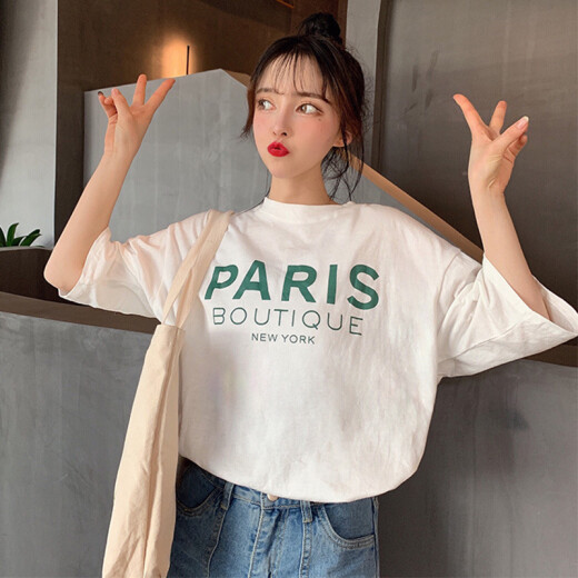 Yu Zhaolin Women's Short Sleeve T-shirt Women's Korean Fashion Versatile Loose Large Size Printed Round Neck Bottoming Shirt Top YWTD202953 White L