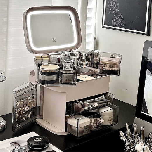 Yunya cosmetics storage box desktop LED light with mirror multi-functional all-in-one dressing table storage rack lipstick storage cabinet makeup storage box LED mirror fan fixed makeup style