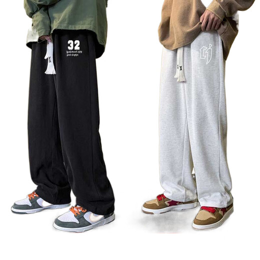 Trendy plus size pants for boys, loose straight pants, Hong Kong style casual fat men plus fat and enlarged sports trousers, autumn and winter, two-piece set Z32 black + Z34 black 5XL 205-225Jin Jin is equal to 0.5 kg