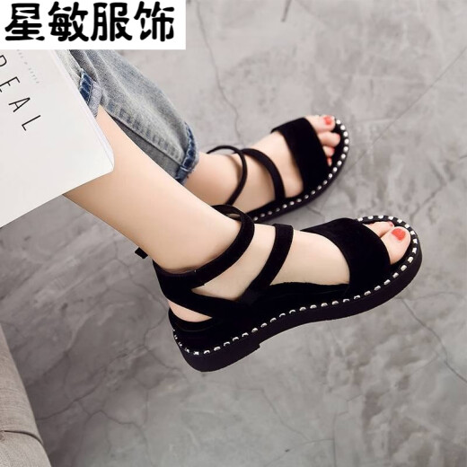 Thick-soled sandals for women summer 2020 new style buckle sandals for women flat-soled students Korean version platform Roman wedge sandals zq black 35 (standard code)