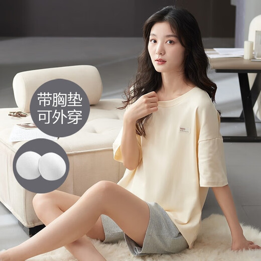 浪莎带胸垫睡衣女士夏季短袖薄款纯棉家居服女夏天全棉可出门外穿套装 LYSM6210 XL 165-170CM/125-140斤