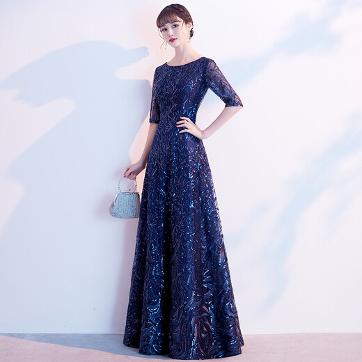 Seidlers Temperamentabendkleid für Frauen 2025 Neues High-End-Bankett Langfristige jährliche Meeting-Musik-Kunstprüfung Party Kleid Marine Blue XL