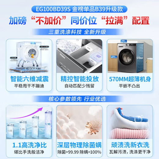 Haier ultra-thin drum washing machine fully automatic single wash 10kg large capacity washing machine 1.1 wash ratio intelligent placement six-dimensional shock absorption smooth embedded trade-in subsidy 15% ultra-thin insert 1.1 high wash ratio + six-dimensional shock absorption + intelligent placement single wash