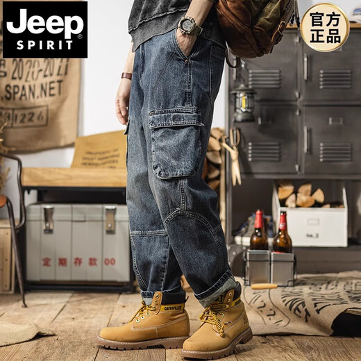 JEEP SPIRIT美式重磅复古工装牛仔裤男士宽松直筒潮牌大码多口袋哈伦休闲长裤 复古蓝 【尺码偏大】 XL 【建议130-145斤】