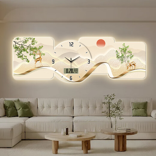 小小画钟福鹿万年历电子钟表挂钟客厅装饰画LED带灯餐厅沙发背景挂墙时钟 BG6623 LED灯画（插电款+遥控器） 47英寸 【120*40cm】
