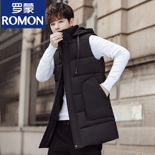 ROMON down cotton vest men's winter mid-length outer wear thickened vest youth thermal vest large size jacket black 815 print 4XL 155-175Jin Jin equals 0.5 kg