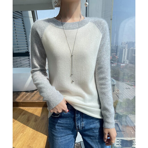 牧什秋冬山羊绒衫女士圆领羊绒毛衣女撞色拼接针织打底衫23新款JD1047 青绒色 XL