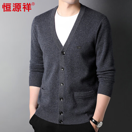 Hengyuanxiang 100% wool sweater cardigan thickened winter warm sweater middle-aged and elderly jacket HJ224 medium gray 175/92A