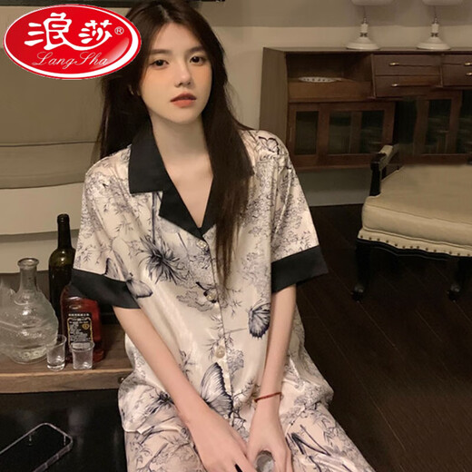 
Victoria Internet celebrity ink painting ice silk pajamas for women in spring and autumn summer 2024 new short-sleeved trousers silky home 9905 sweet peach short length M (recommended 80-98 Jin [Jin equals 0.5 kg])
