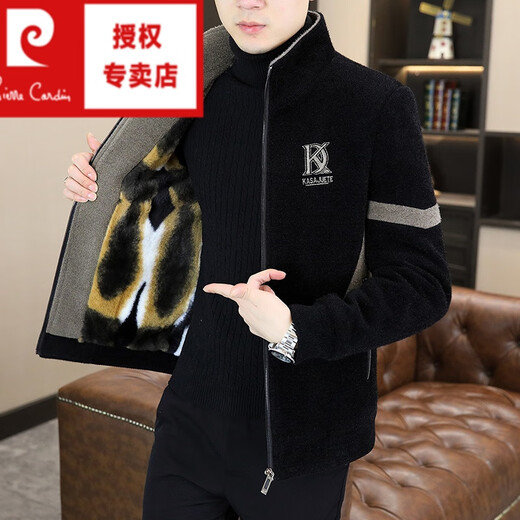 Pierre Cardin autumn and winter woolen coat men's short woolen coat gold mink velvet men's casual velvet thickened jacket 5522 Khaki thickened velvet XL 125-140Jin Jin equals 0.5 kg