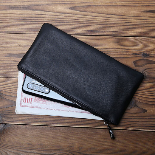 JLFGPJ New Men's Genuine Leather Long Zipper Wallet First Layer Cowhide Clutch Mobile Phone Bag Simple Women's Handbag Ultra Thin Black