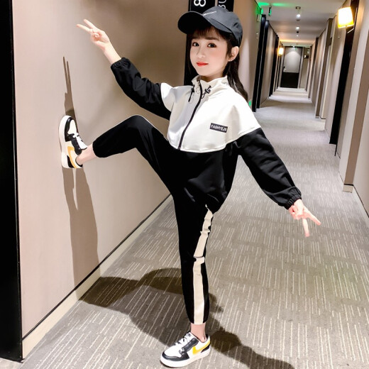 Yuansu Shiguang Girls and Children's Clothing Spring and Autumn Sports and Casual Suits Sweaters and Pants Two-piece Set Little Girls Medium and Large Children's Clothes Black 160 Size Suitable for Children Height 150-155cm