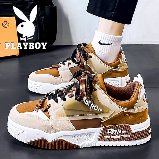 花花公子鞋子男款2025秋冬季男鞋新款休闲板鞋男士百搭厚底增高运动鞋 白棕色 39
