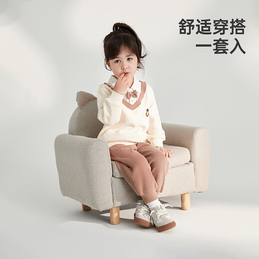 WELLBER children's clothing children's clothing long-sleeved men's and women's college style fake two-piece suit 25 spring rice apricot style 120