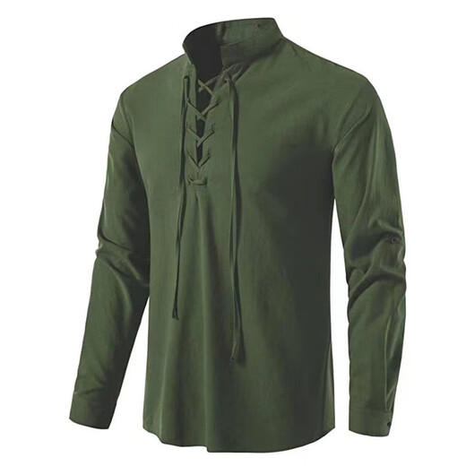 Men's Henley Medieval Retro Shirt Lace-Up Long Sleeve Shirt Nordic Style Renaissance Punk Performance Costume Navy L