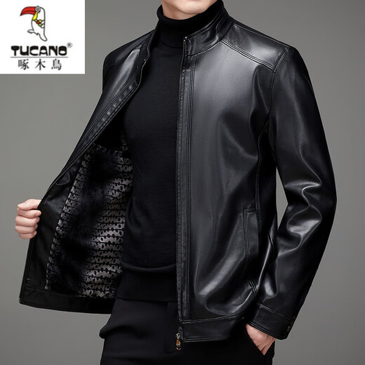 Woodpecker (TUCANO) Haining genuine leather jacket men's velvet thickened sheepskin plus fat plus size leather jacket dad jacket men's black velvet 175/L recommended 120-140Jin Jin equals 0.5 kg