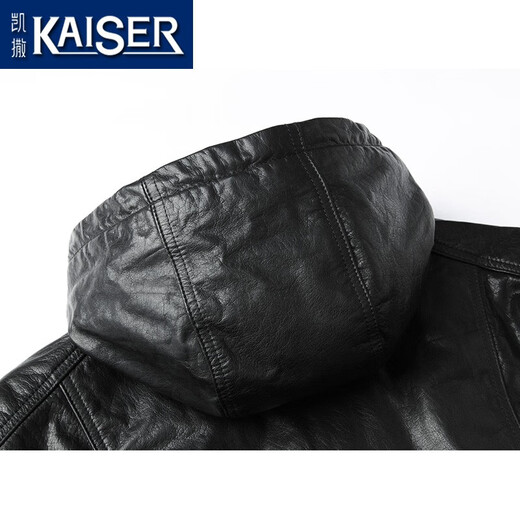 KAISER Chaqueta de cuero Chaqueta de plumón de ganso de piel de vaca encerada con aceite de primera capa para hombre Invierno 2025 Nueva chaqueta de cuero con cara viva estilo cremallera con capucha Negro 2XL (180) (Adecuado para 140-155 Jin Jin equivale a 0,5 kg)