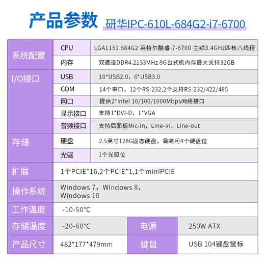 DWTPC点微研华工控机IPC-510/610L工业电脑主机i7双网口服务器冗余电源主板4U机箱视觉检测 684G2/I7-6700/8G/128G/SSD 研华IPC-610 250W[其他配置详咨