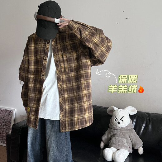 Shelley Jones港风chic格子衬衫男生长袖日系原宿风复古潮牌宽松百搭衬衣送男友 C9732黄咖格加绒 M [建议90-110斤]