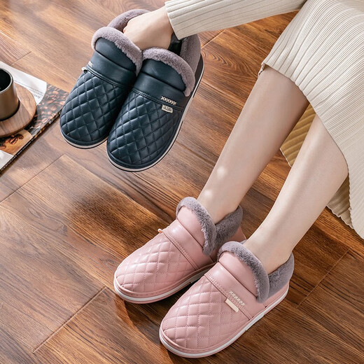 Jieliya waterproof cotton slippers for women in autumn and winter 2024 new all-inclusive heel indoor home warm plus velvet cotton shoes for men wearing pink [recommended style] 38-39 (suitable for sizes 37-38)
