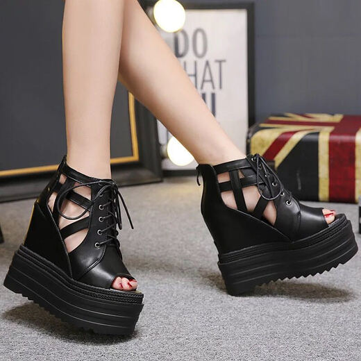 Luyiyahan women's pine cake sandals in spring and summer heels in the heels and fish mouth sandals waterproof platform high heel mesh thick sole 9568-25 lips black 14cm 36