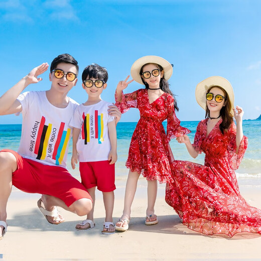 Yuehaiyuebei parent-child clothing for a family of three, beach vacation, mother-daughter clothing, red dress, long skirt, Sanya travel family of four, burgundy, women's XL
