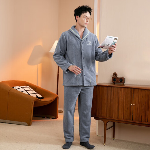 Fenten Couple Pajamas Thickened Double-sided Warm Velvet Autumn and Winter Lapel Long Sleeve Simple Warm Home Clothing Set Light Gray Blue-Men's 2XL