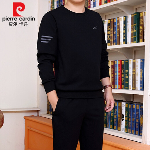 皮尔卡丹（臻贵尊享）圆领卫衣男士春秋冬季套头加厚加绒中老年运动套装爸 677黑色 3XL