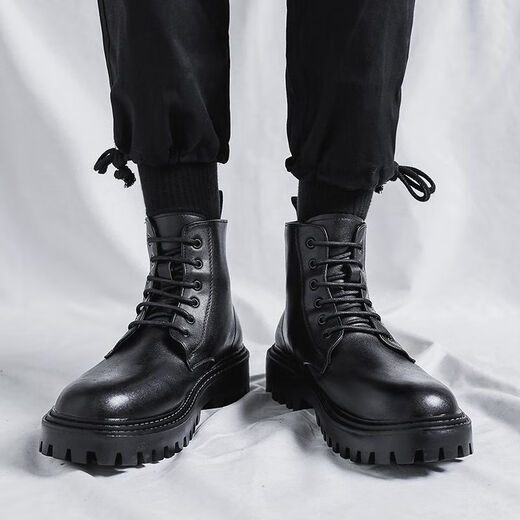 Internet-Promi Martin Boots Herren High-Top Frühling und Herbst Britische Retro-Retro-Mid-Top-Lederschuhe erhöhte schwarze Lederstiefel schwarz 43
