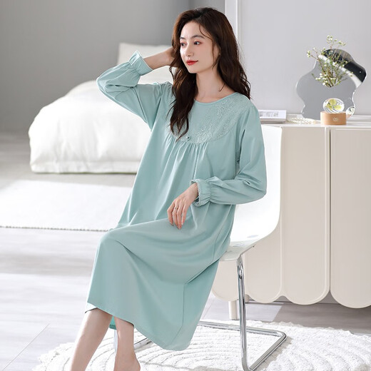 Camisco de beso de clolvas con almohadilla de cofre para mujeres en primavera y otoño Nuevo algodón puro de algodón de algodón largo pijamas Las mujeres pueden usar ropa casera afuera en otoño 673 ola verde (con almohadilla de cofre) l [160-165C100-125Jin [Jin equivale a 0.5 kg]]