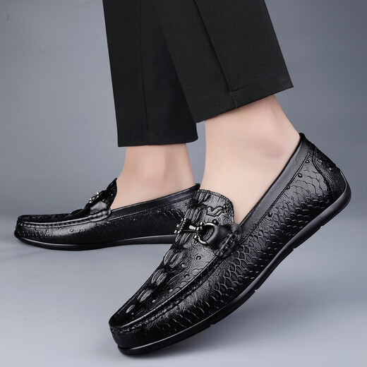 Fugui Bird Herrenschuhe Sommerzehen Schicht Cowide Business Casual Crocodil Muster Mütze weiche Sohle atmungsaktiven leichten Fahren lässige Schuhe Herren schwarzes Muster Yulin Fg9920 38