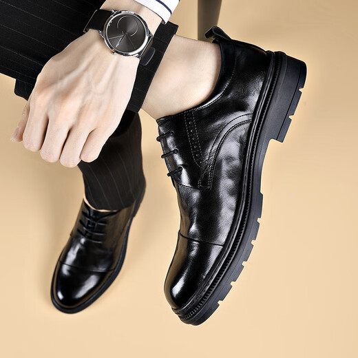 Old man's toe business leather shoes, men's big toe shoes, casual genuine leather moccasins, men's formal shoes, lace-up derby men's toe-layer cowhide shoes, dark night-black lace-up style, leather shoe size 40, please consult customer service for leather shoe size