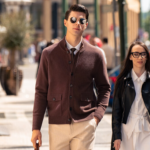 Mr. Bu cashmere blended thickened sweater jacket spring and autumn solid color retro knitted wool cardigan for men BT12339 clearance coffee 3XL (190)