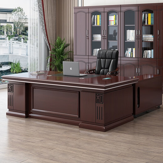 Miafei Boss Desk Modern Simple Straight Side Office Desk President Desk New Chinese Style Office Desk and Chair Single Office Furniture Combination 2 Meter Desk + Double Cabinet + Boss Chair + 4 Door Bookcase