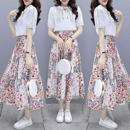 
AIMANJIE light luxury fashion brand casual dress for women in summer new high-end women's fashion temperament waist-hugging fairy suit skirt picture color [top + skirt suit] L (recommended 110-120Jin [Jin equals 0.5 kg])