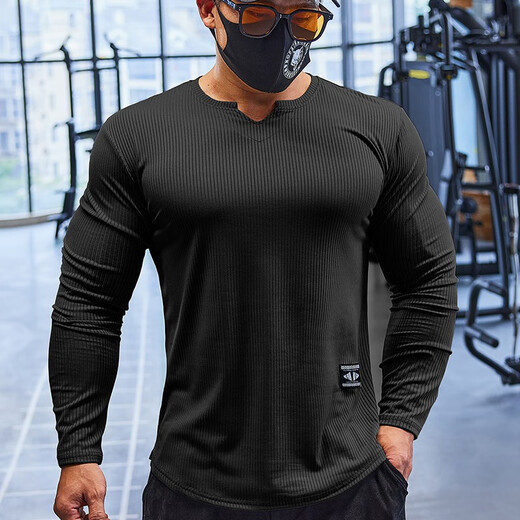 Lutielang fitness clothes sports T-shirt bottoming shirt men's long-sleeved elastic quick-drying muscle training running top gray L