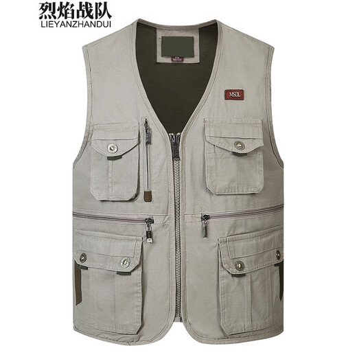 Flame Team Vest Men d'âge d'âge moyen d'âge moyen multi-poche Clip de cheval de pêche à l'âge moyen et coton 95 décontracté 95 avec gilet de doublure 105 Vie gillant blanc XL (poids recommandé 120-125 Jin [Jin est égal à 0,5 kg]))